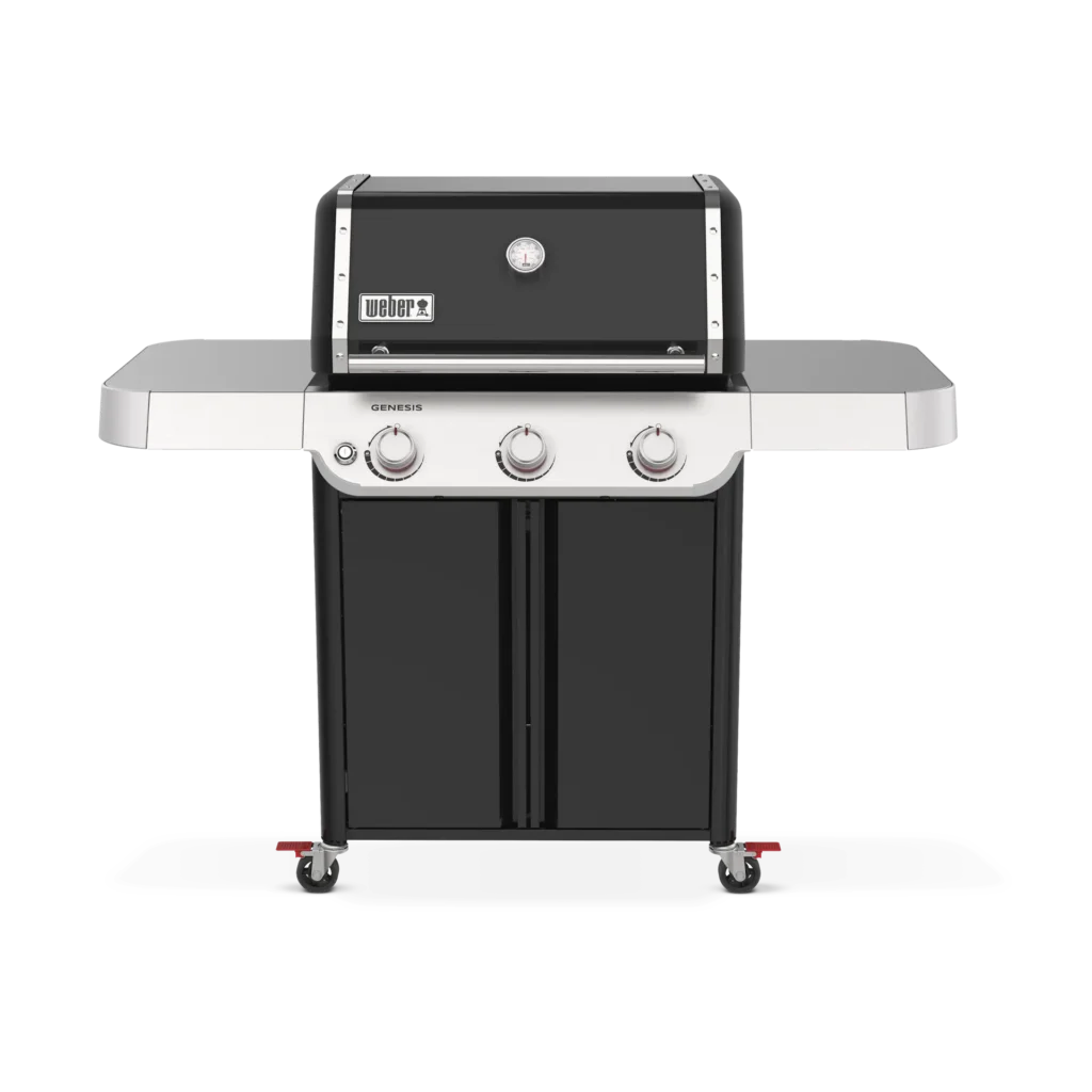 Parrilla de gas con tres quemadores y ruedas.