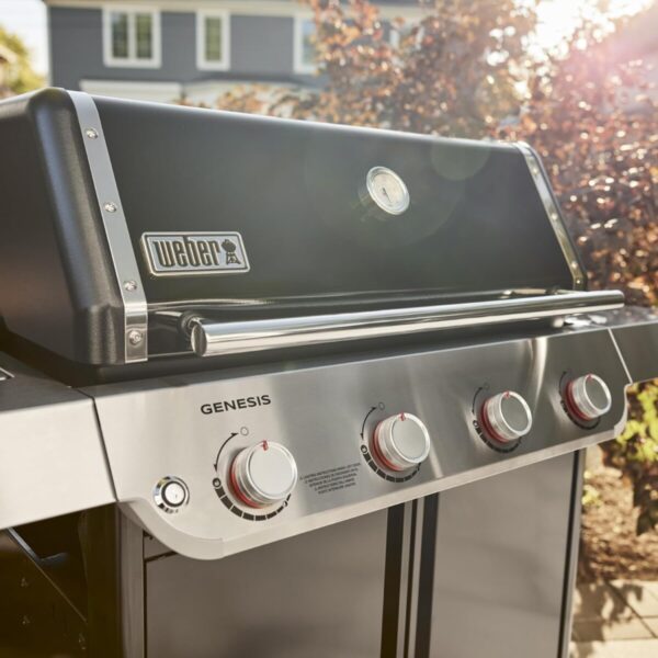 Barbacoa de gas Weber Genesis en un jardín.