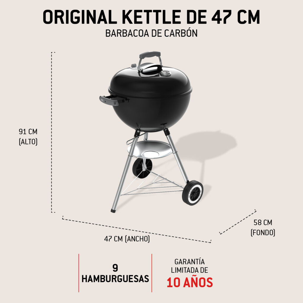 Barbacoa de carbón negra con dimensiones.