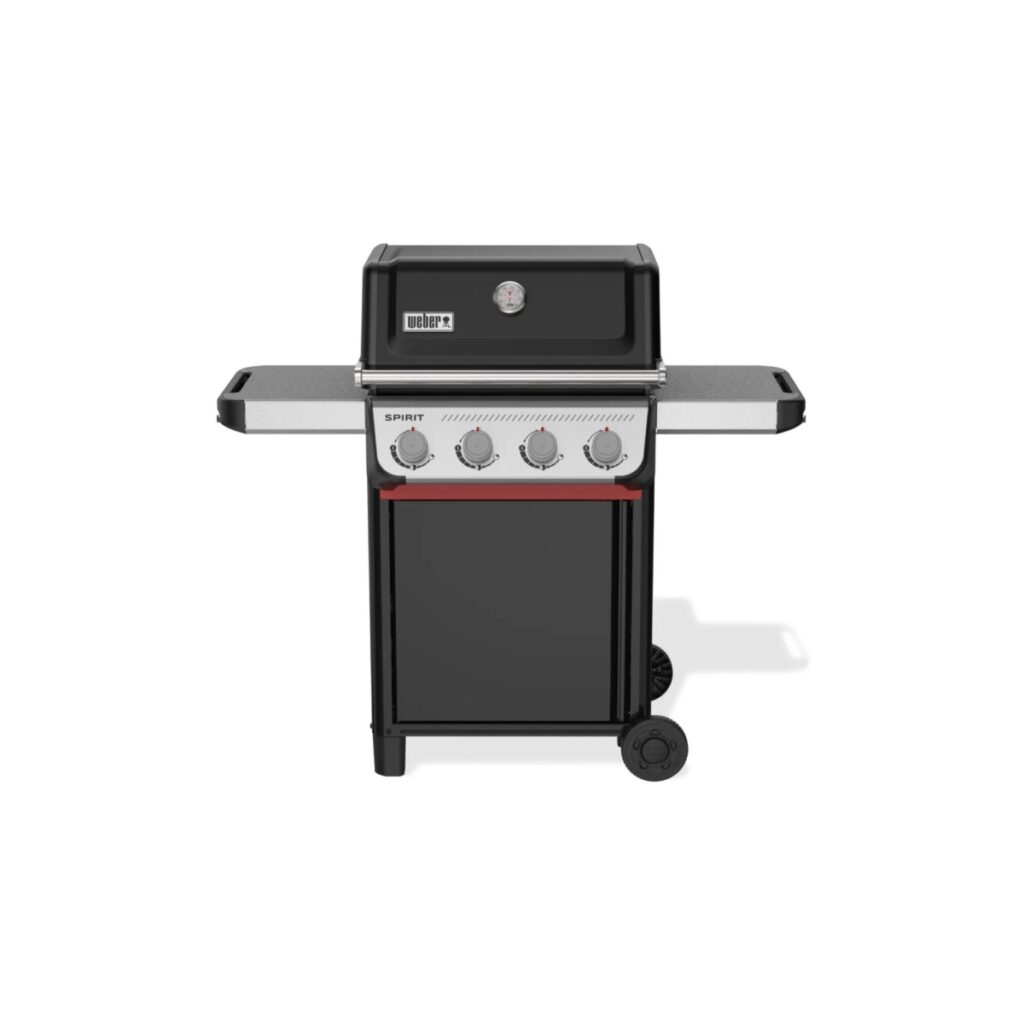 Parrilla de gas negra con cuatro quemadores.