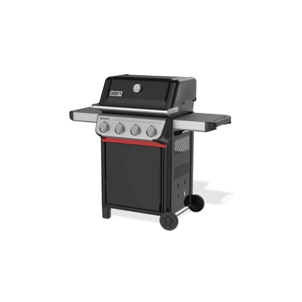 Barbacoa de gas negra con ruedas y tres quemadores.