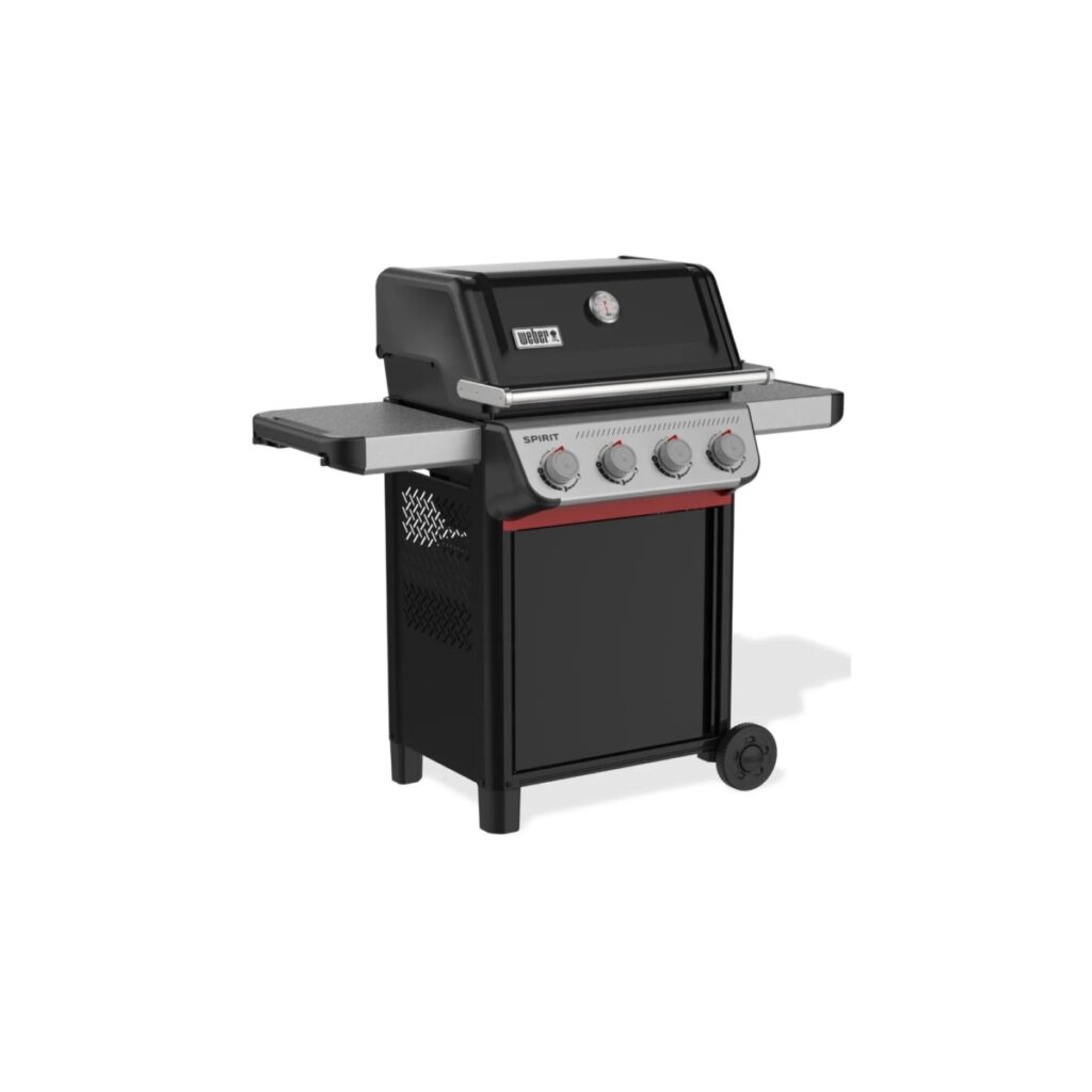 Barbacoa de gas con cuatro quemadores y ruedas.