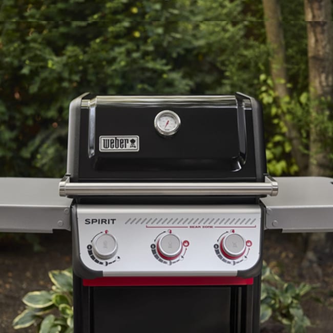 Barbacoa de gas Weber Spirit en jardín frondoso.