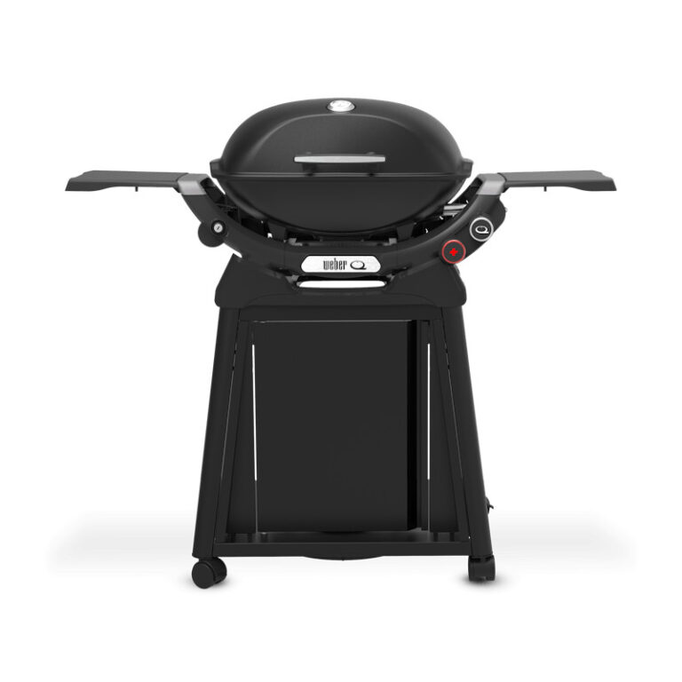 Barbacoa de gas negra con soporte y ruedas.