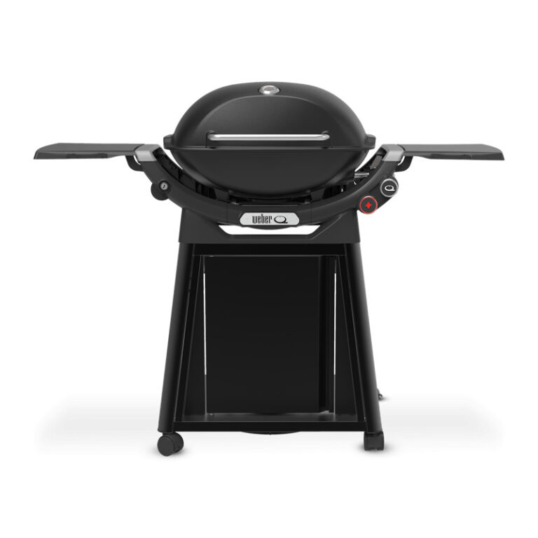 Barbacoa de gas portátil negra con estantes.