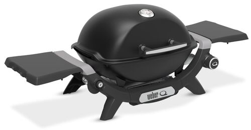 Parrilla portátil negra con tapas laterales.