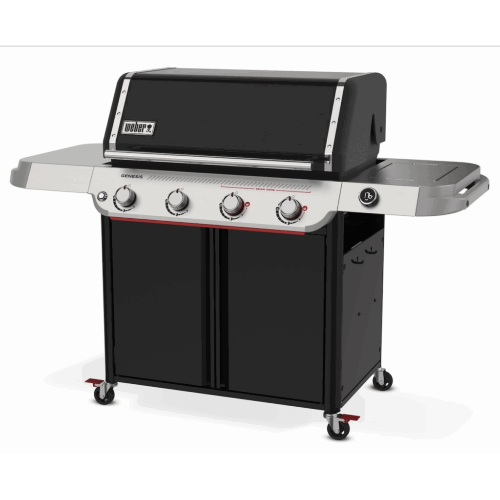 Parrilla de gas de cuatro quemadores negra.