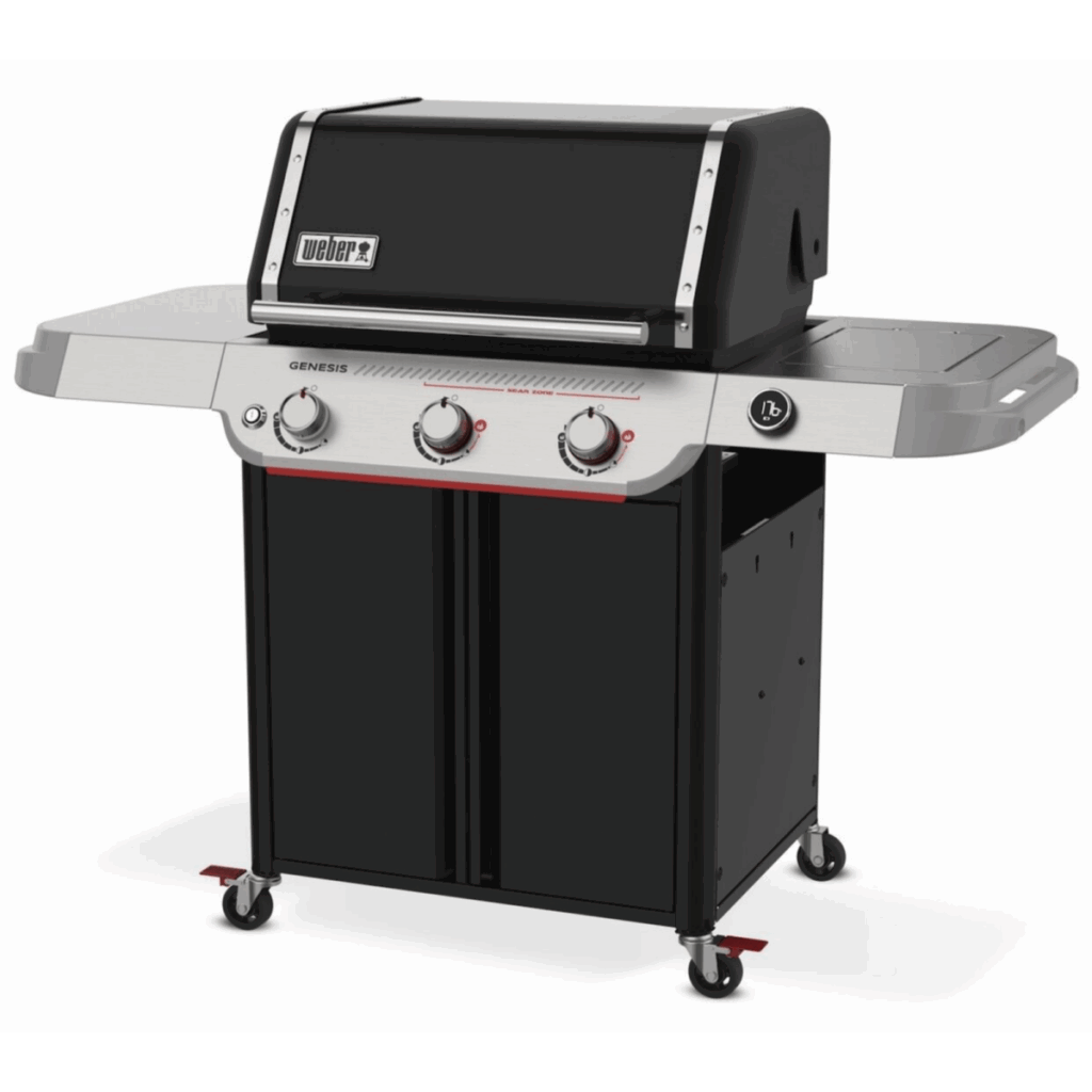 Barbacoa de gas negra con tres quemadores.