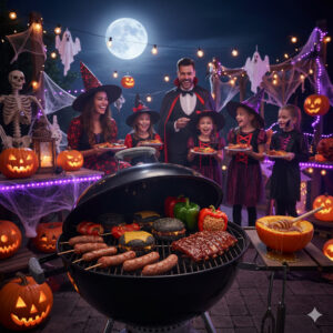 Fiesta de Halloween con barbacoa y decoraciones.