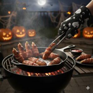 Salchichas envueltas en bacon en barbacoa de Halloween.