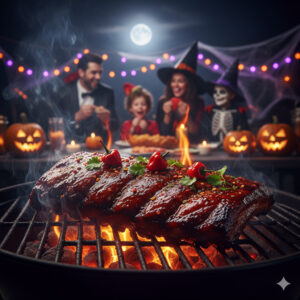 Costillas barbacoa en fiesta de Halloween nocturna.