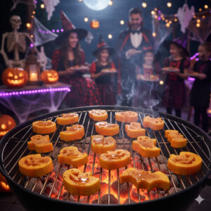Parrilla asando calabazas decorativas en fiesta de Halloween.