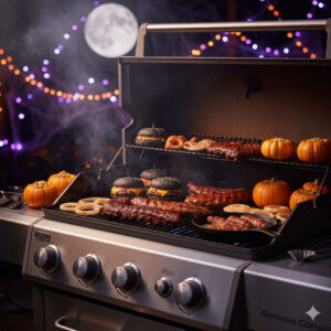Parrillada nocturna con comida temática de Halloween.