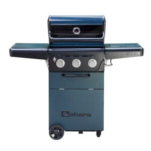 Barbacoa de gas con tres quemadores y ruedas.