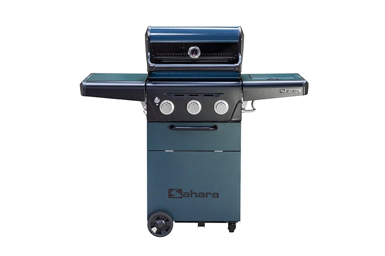 Barbacoa de gas con tres quemadores y ruedas.