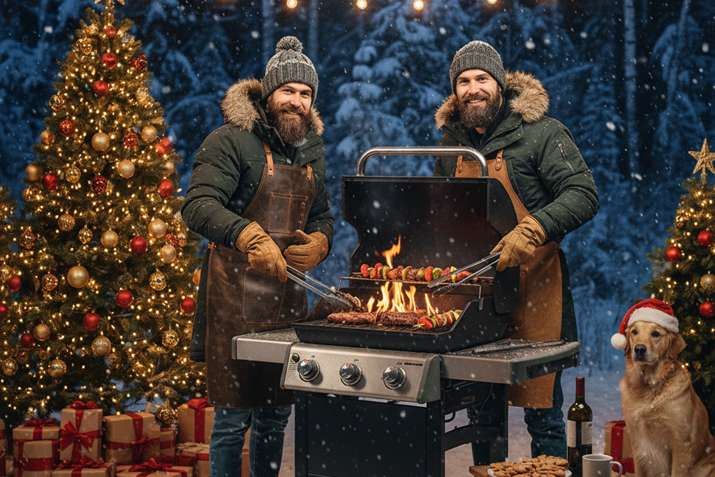 Hombres asando en Navidad, nieve, árbol, perro navideño.