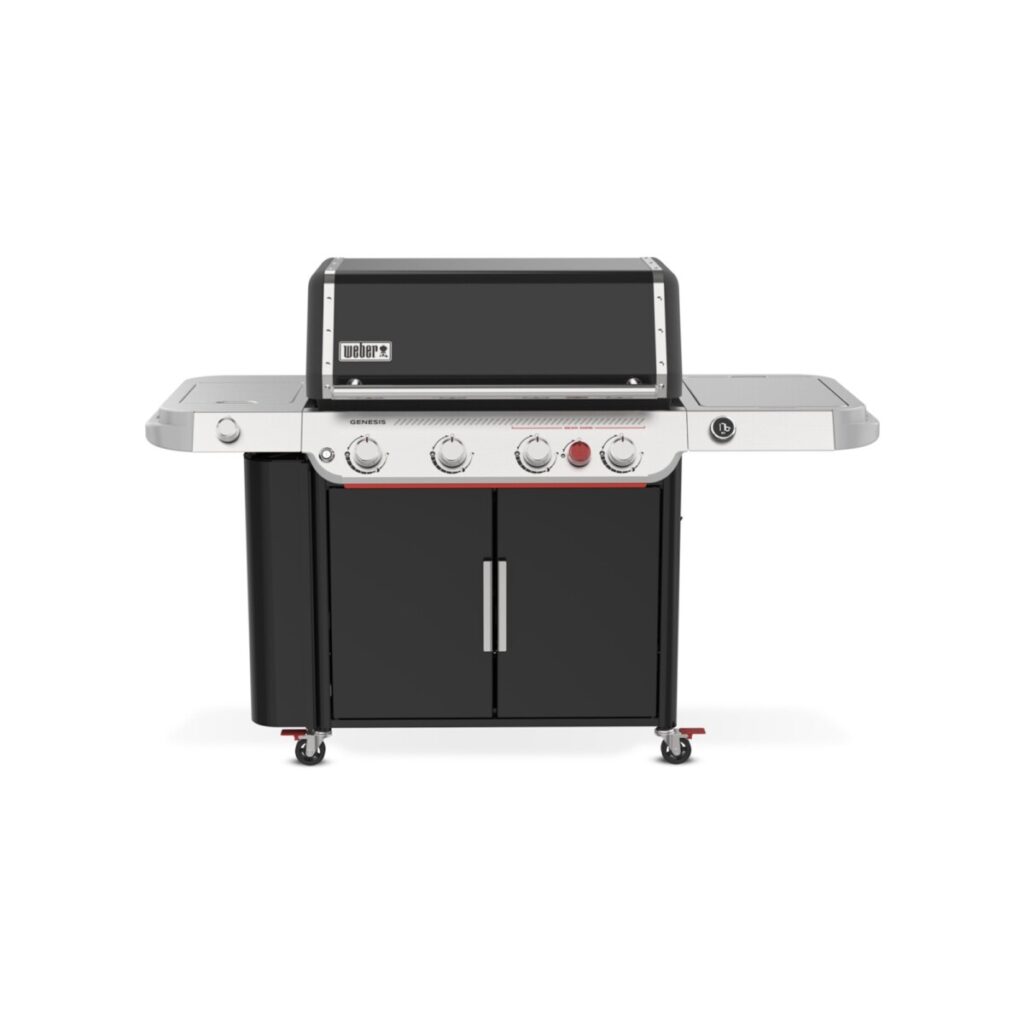 Parrilla de gas negra con mandos plateados