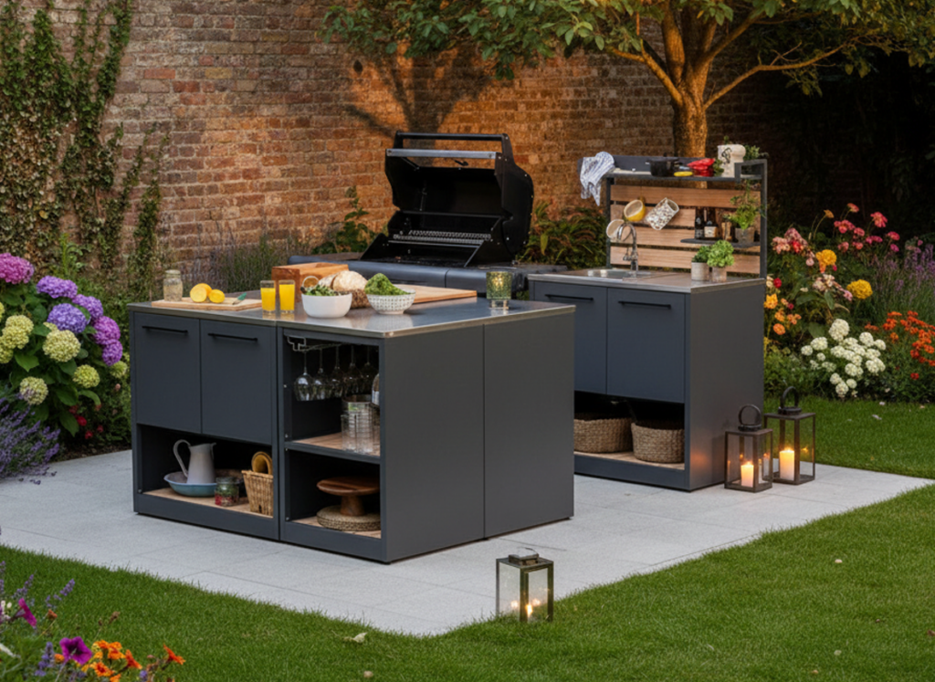 Cocina exterior moderna con barbacoa en jardín