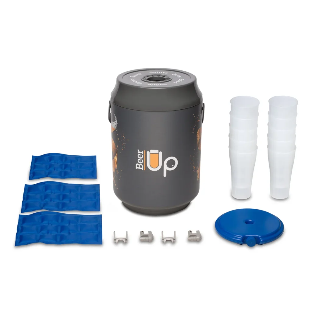 Kit dispensador de bebidas con vasos y enfriadores.