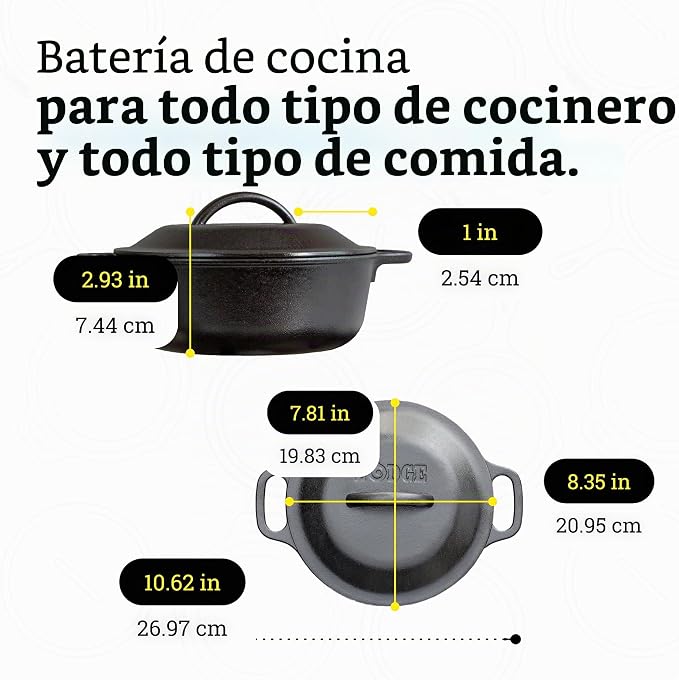 Batería de cocina con medidas detalladas.