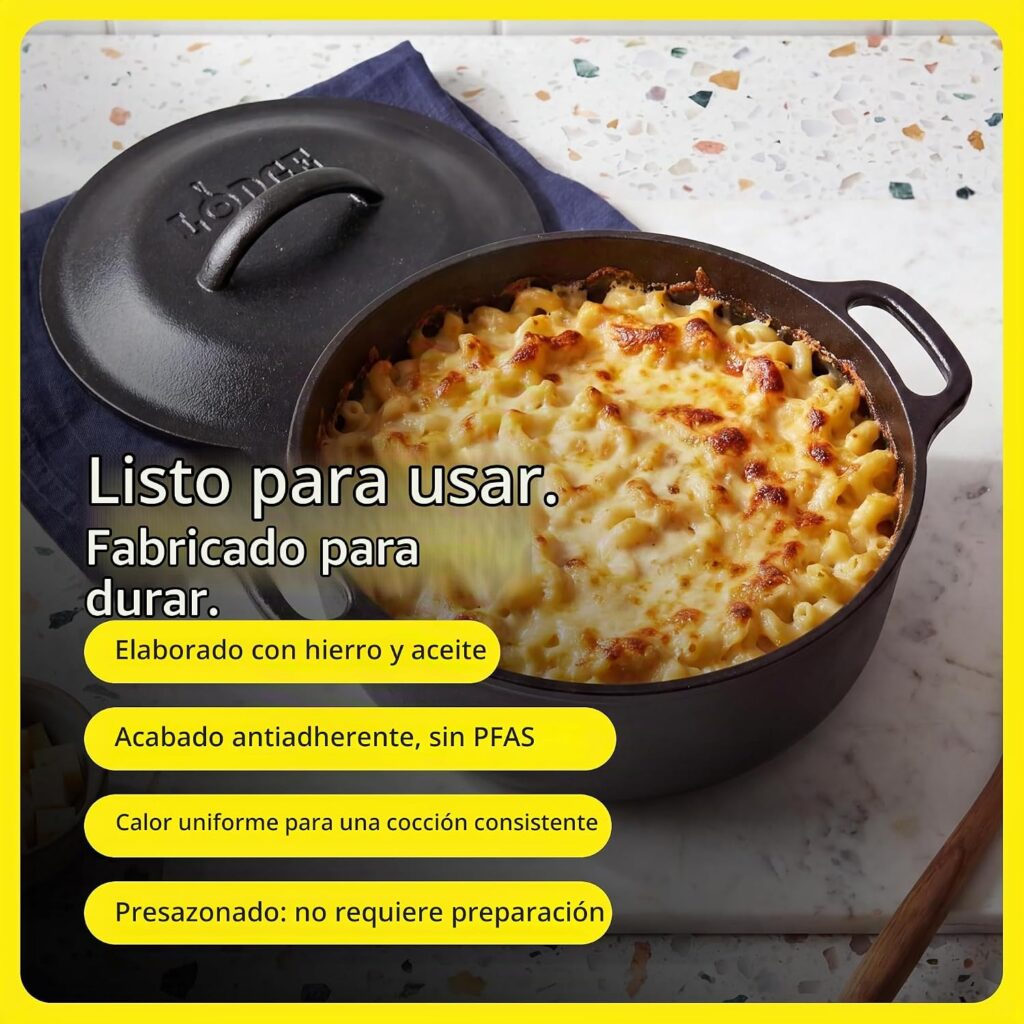 Cazuela de hierro con macarrones al horno.