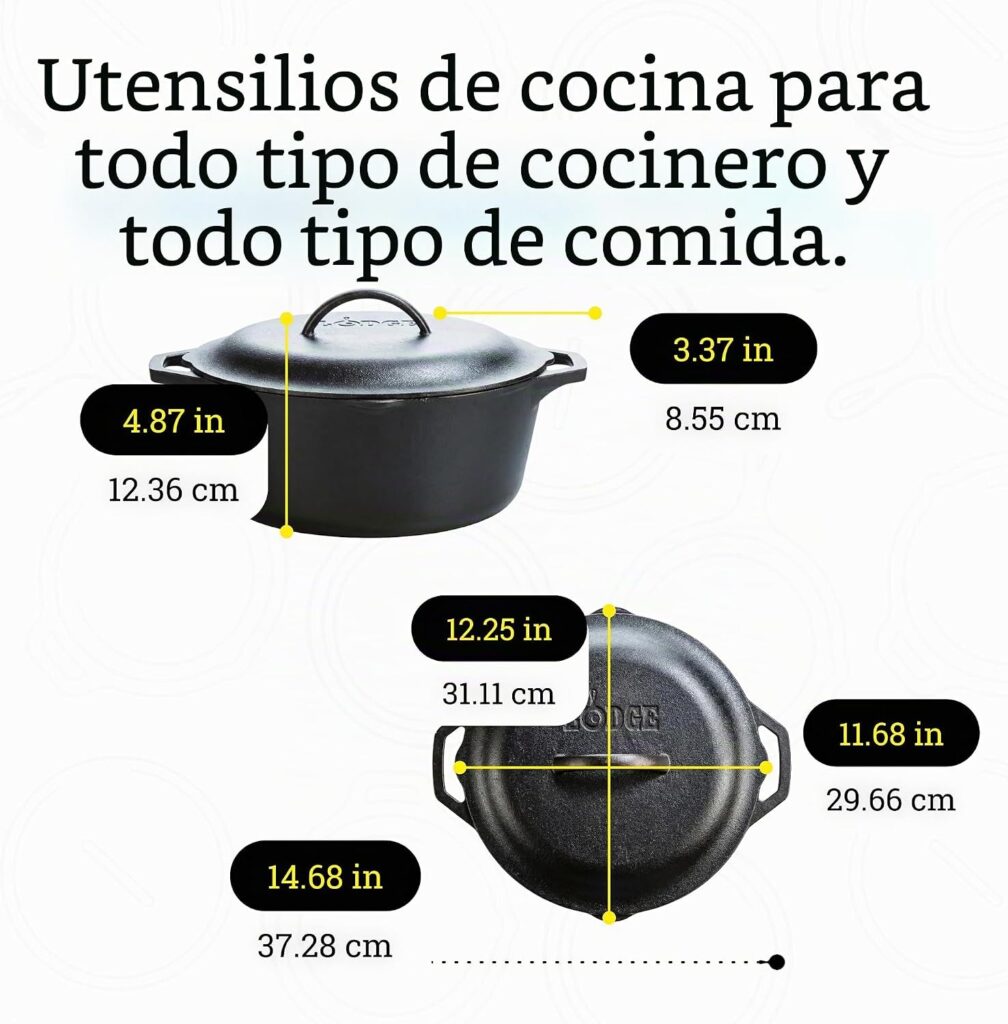 Utensilios de cocina con medidas detalladas.