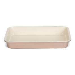 Bandeja rectangular de cerámica beige.
