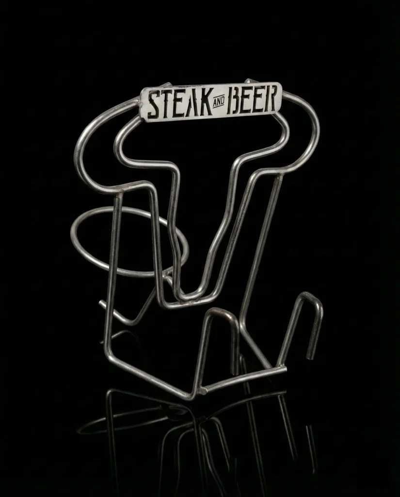 Soporte metálico con texto 'Steak and Beer'.